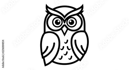 Simple black and white line art illustration of a cute owl, stylized graphic icon symbolizing wisdom, knowledge, and education