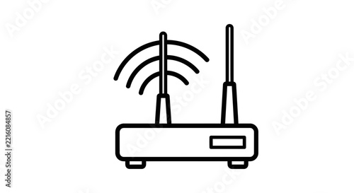 Line art icon of a wireless WiFi router emitting signal waves, symbolizing network connectivity, internet access, and digital communication.
