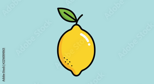 Bright yellow lemon with green leaf illustration on a light blue background. Fresh whole citrus fruit, healthy food, vitamin C icon.