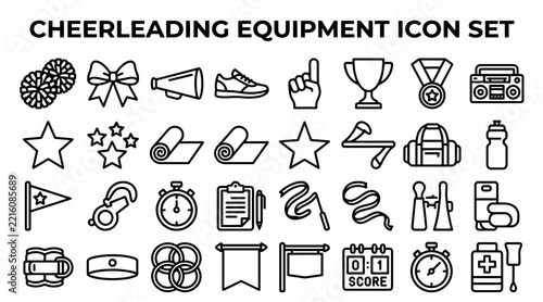 Cheerleading equipment icon set featuring pom poms and sports gear in