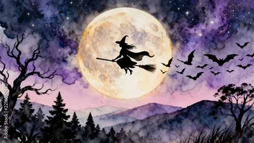 Witch flying on a broomstick silhouette across a giant full moon watercolor illustration, halloween holiday festive image design