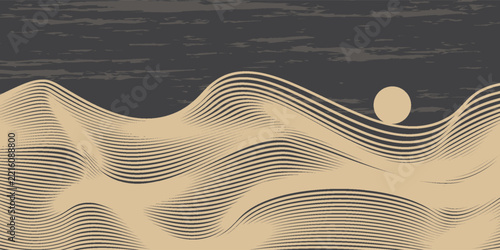Vector abstract art landscape mountain with birds and sunrise sunset by golden line art texture isolated on dark grey black background. illustration