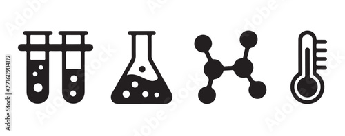 Chemical research icons including bubbling beakers and molecular structures are shown in black silhouette form.