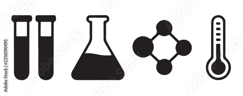 Science icons including test tubes, flask, molecule, and thermometer for laboratory and research purposes.