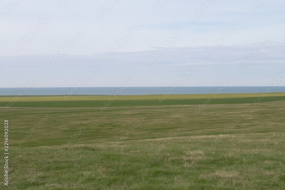 Fototapeta premium Rolling green fields meet the sea under a cloudy sky