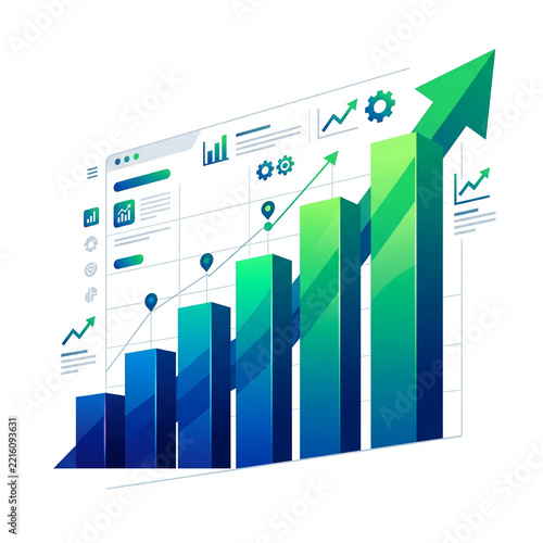 3D Business Growth Chart with Upward Arrow and Increasing Bars