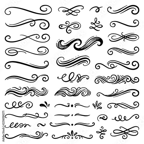 Vintage Hand Drawn Ornamental Swirl Dividers And Flourish Calligraphy Lines Set Vector