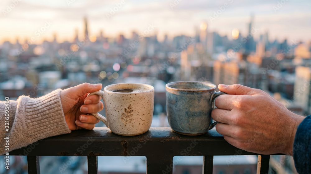 Fototapeta premium Woman and man holding coffee mugs on city balcony at sunset. Couple enjoying warm beverage while overlooking urban skyline view. Relaxing morning ritual and romantic lifestyle concept