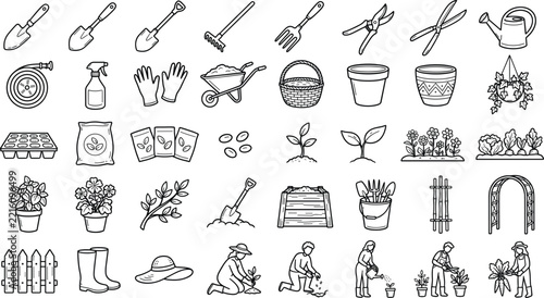 Gardening and plant care line art icon collection with tools, flowers, seedlings, pots, landscaping, gardening equipment and outdoor cultivation activities