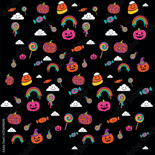Cute and colorful Halloween seamless pattern vector design with smiling pumpkins, candy corn, lollipops, melting rainbows, candy, and happy clouds. Fun pastel and neon spooky pattern background for ki