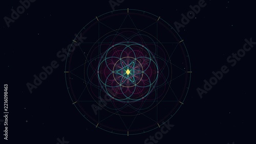 Futuristic geometric mandala animation rotating in dark cosmic space