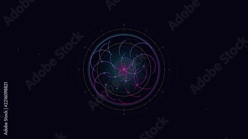 Futuristic neon geometric circle rotating against dark cosmic background motion graphic