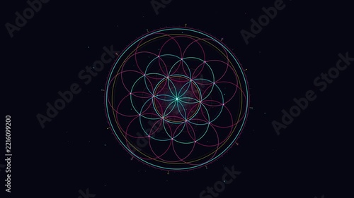 Glowing neon sacred geometry pattern rotating against dark space background