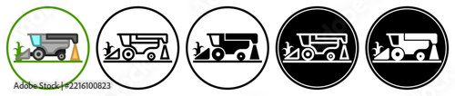 Flat combine harvester icons in outlined, solid, and inverted styles