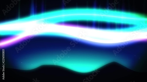 Stunning aurora borealis lights shimmering across dark night sky with silhouettes of mountains abstract motion