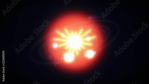 Stylized 2d animation of miniature solar system with orbits on red galaxy background for science concept