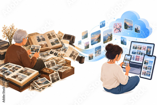 Analog to Digital Memories Transition Illustration: Preserving Nostalgic Photographs, Videos, and Personal Memories Through Modern Digital Technology