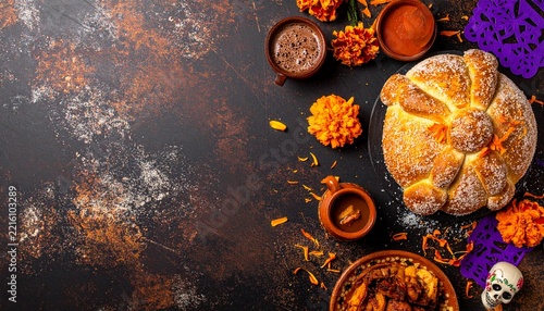 Traditional Pan de Muerto and Marigolds for Day of the Dead Altar