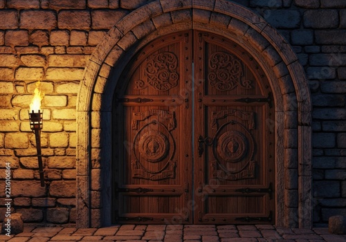 Ancient Castle Entrance with Ornate Wooden Doors and Torchlight.