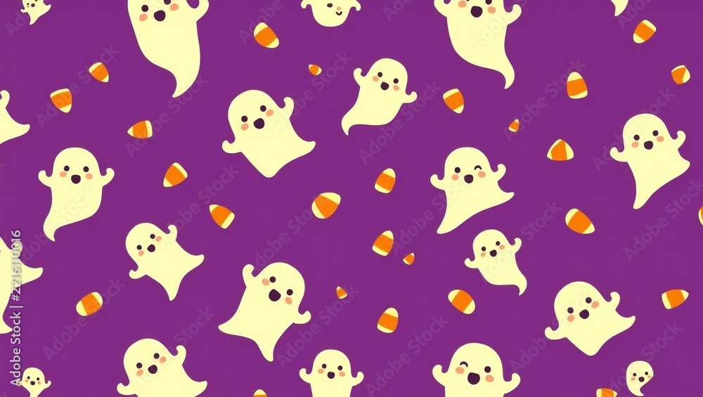 Obraz premium Cute cartoon ghost and candy corn pattern on a purple background for halloween