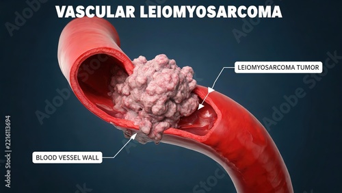 3D medical illustration of vascular leiomyosarcoma, malignant smooth muscle tumor growing outwards from blood vessel wall