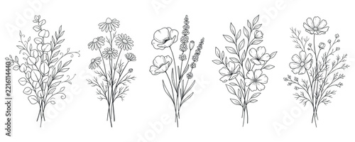 Wildflower bouquets in black and white botanical line art style.