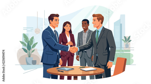 Diverse Business Professionals Shaking Hands in Modern Office, Symbolizing Partnership and Agreement