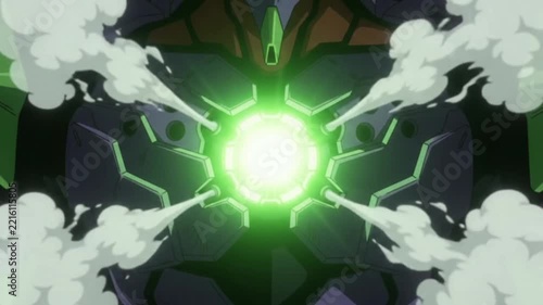 A powerful green energy core pulses with light and smoke, showcasing advanced technology and intense power generation.