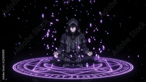 Mysterious Figure Meditating on a Glowing Purple Magic Circle.