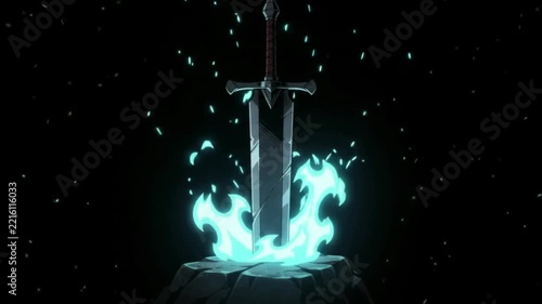 A mystical sword with a glowing blue flame at its base, standing upright in a dark, ethereal setting.