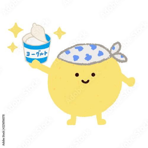 ヨーグルトを持つ手描きのかわいい善玉菌　腸内細菌