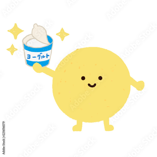 ヨーグルトを持つ手描きのかわいい善玉菌　腸内細菌