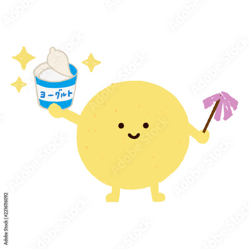 ヨーグルトを持つ手描きのかわいい善玉菌　腸内細菌