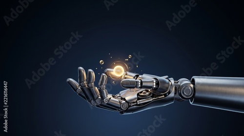 A metallic robotic hand gently holds a luminous glowing sphere against a dark blue gradient background artificiality automation biomechanics bionic