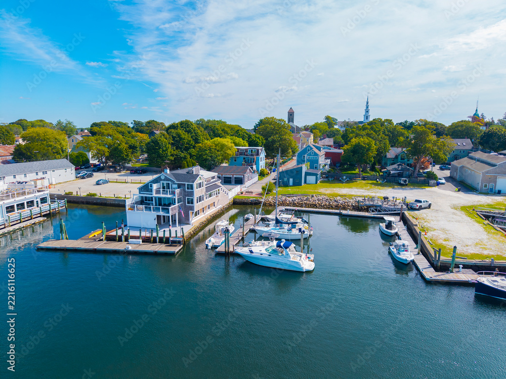 Fototapeta premium Warren waterfront yacht club aerial view on Barrington River, town of Barrington, Rhode Island RI, USA. 