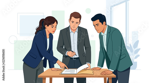 Diverse business team collaborating on documents at a modern office desk, illustrating teamwork and professional discussion.