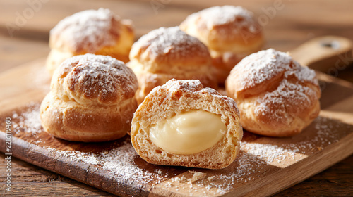 One split choux pastry reveals a generous custard filling
