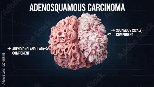 3D medical illustration of adenosquamous carcinoma, mixed tumor with adenoid glandular component and squamous scaly component