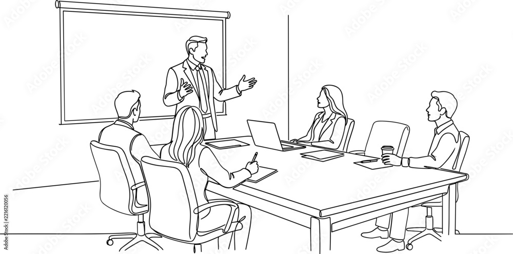 Fototapeta premium A black and white line art depicting a business team meeting with a presenter standing in front of a whiteboard.