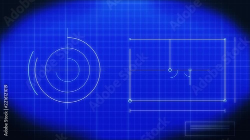 Technical blueprint floor plan drawing appearing on glowing digital grid background for architectural design