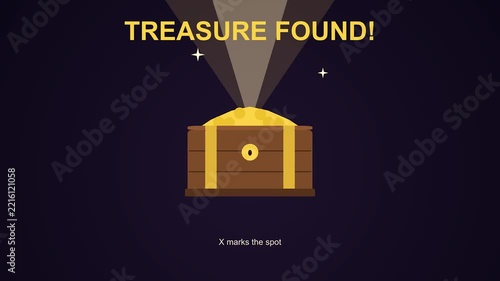 Wooden chest opening with shimmering gold coins inside against dark blue background for gaming reward alert