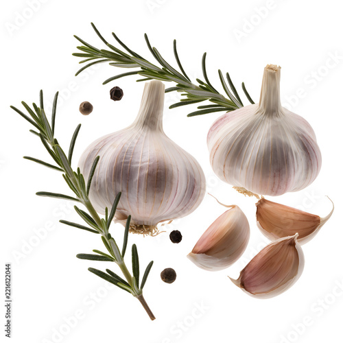 Fresh garlic herbs spices isolated cooking ingredients