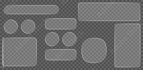Glassmorphism UI elements with transparent rounded buttons and frames for modern design.