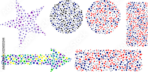 Geometric shape mosaics composed of colorful circles and star elements for graphic design.