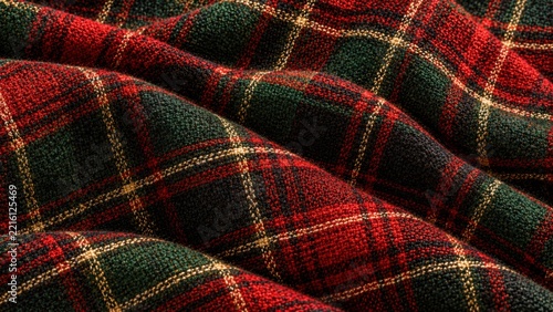 Red and green tartan fabric background with gold lines and broad folds. Woven threads form a classic plaid grid in warm light. Cozy Christmas texture for card and banner design.