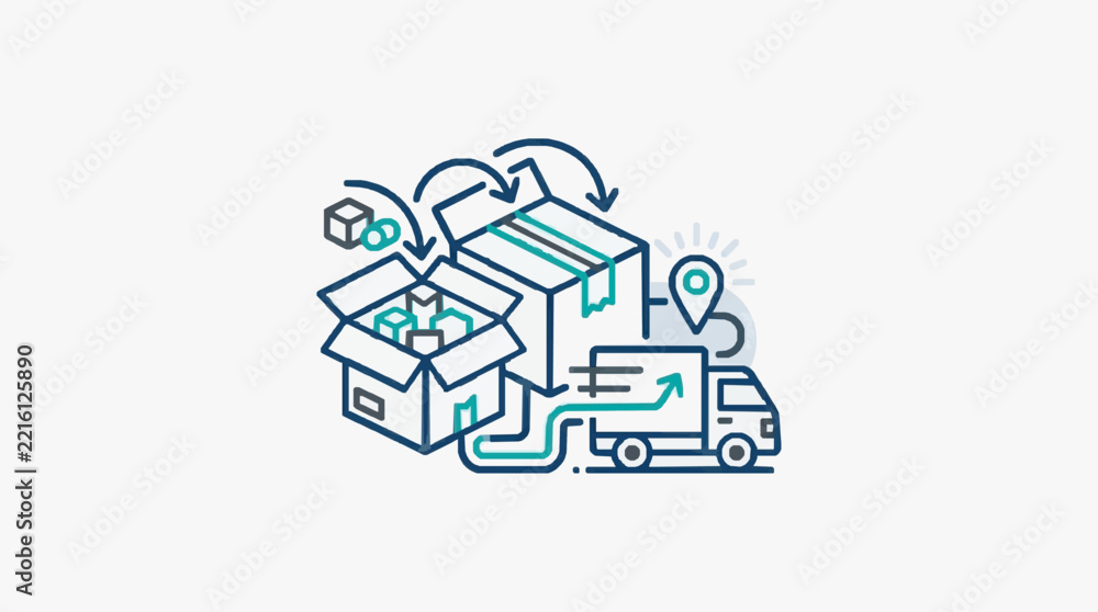 Obraz premium Logistics and delivery process illustration with boxes and truck.