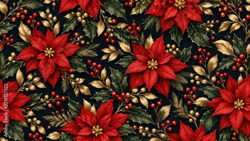 Red poinsettia background with gold leaves and small berries on black. Bold flowers form a rich botanical pattern with fine detail. Christmas gift wrap for card and banner design.