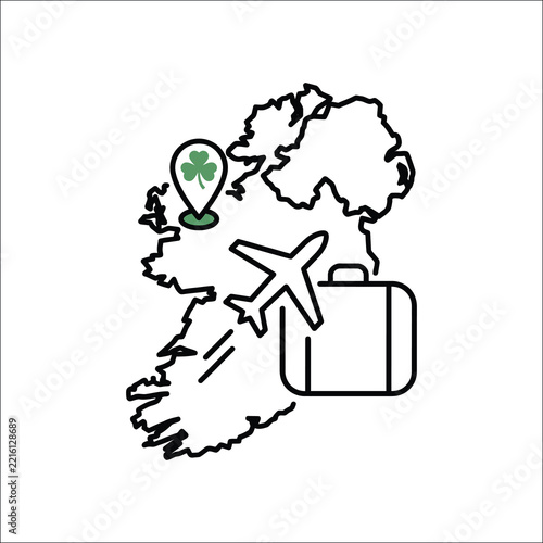 Ireland Travel Map with Airplane and Shamrock Location Pin