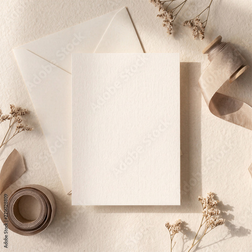 Minimalist Wedding Stationery Card Mockup Neutral Beige Aesthetic Blank Invitation Card Template Paper Envelope Silk Ribbon Dried Flowers Elegant Wedding Concept Branding Stationery Design Photography