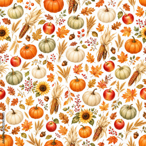 Autumn harvest seamless pattern with pumpkins, apples and fall leaves
